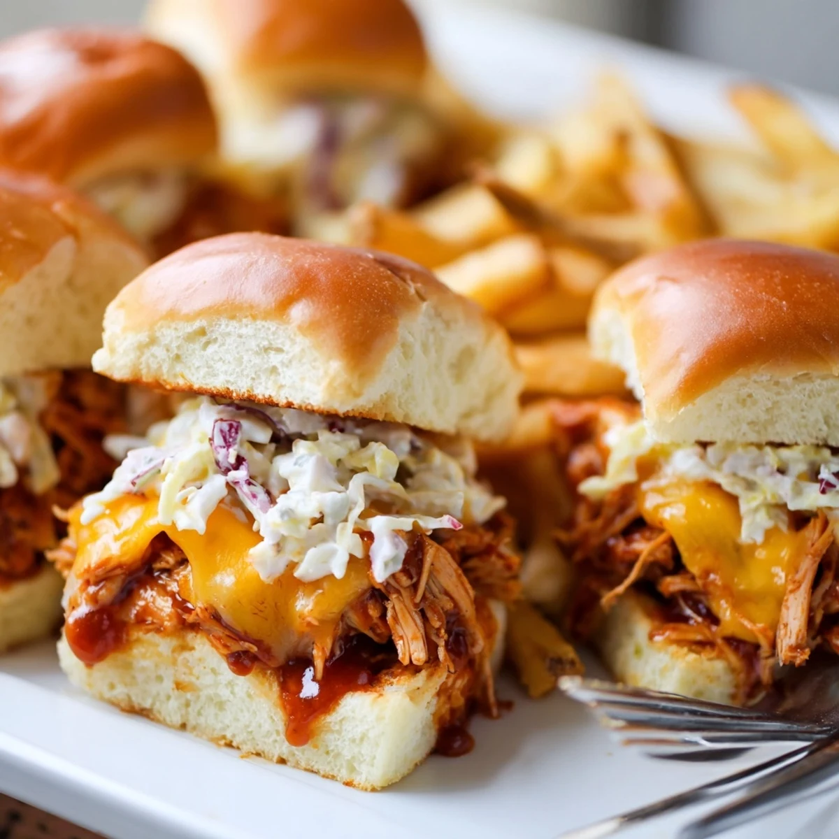 Savory BBQ chicken sliders topped with coleslaw, alongside perfectly baked crispy fries.