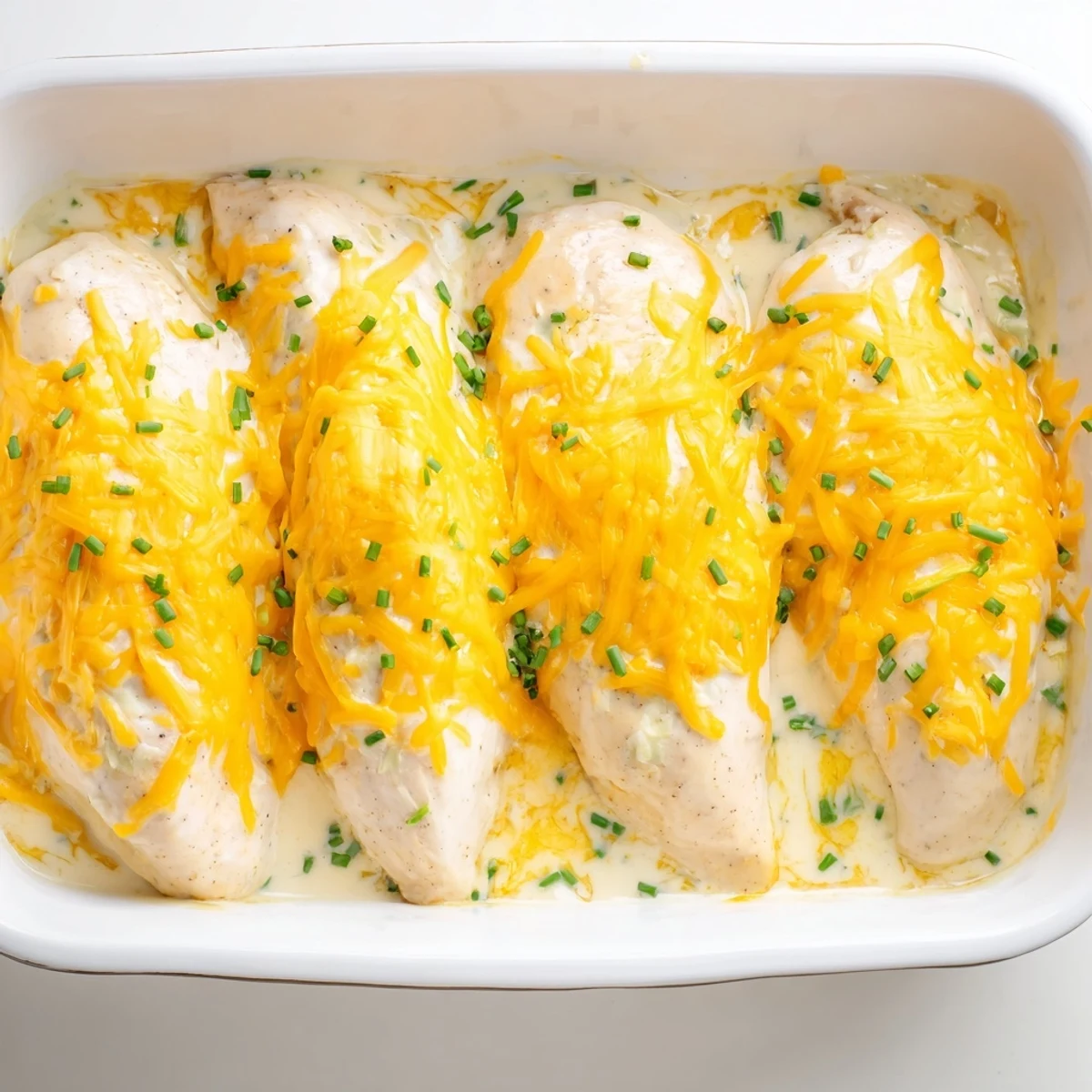 Creamy Cheddar Ranch Chicken Bake topped with bubbly cheese and fresh chives.  