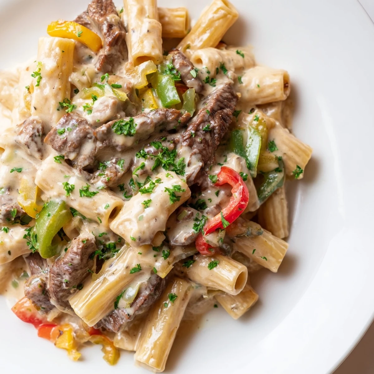 Delicious Philly Cheese Steak Pasta served warm, topped with fresh parsley garnish.  