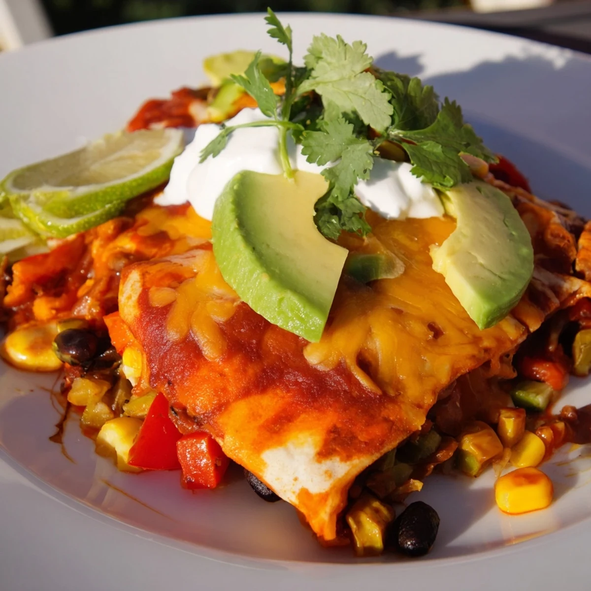 Vibrant Farmers Market Vegetarian Enchiladas with seasonal veggies and melted cheese, fresh out of the oven.  