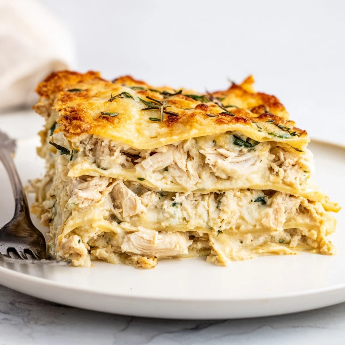 Savory rosemary chicken lasagna layered with creamy béchamel and melted mozzarella.  