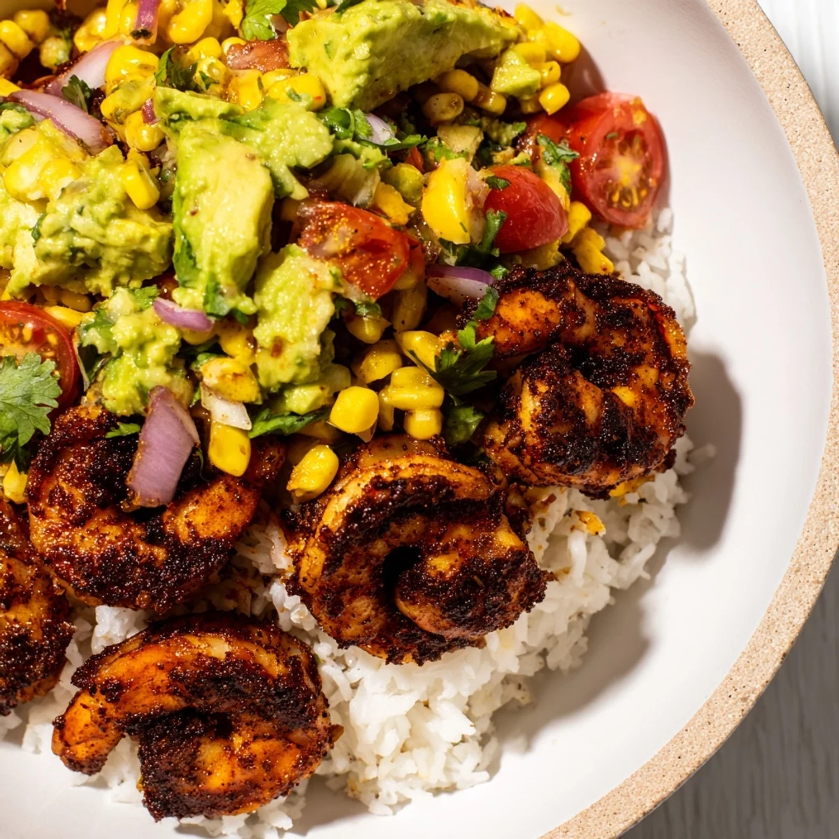 Smoky and sizzling blackened shrimp bowl ready to eat with fresh avocado corn salsa.