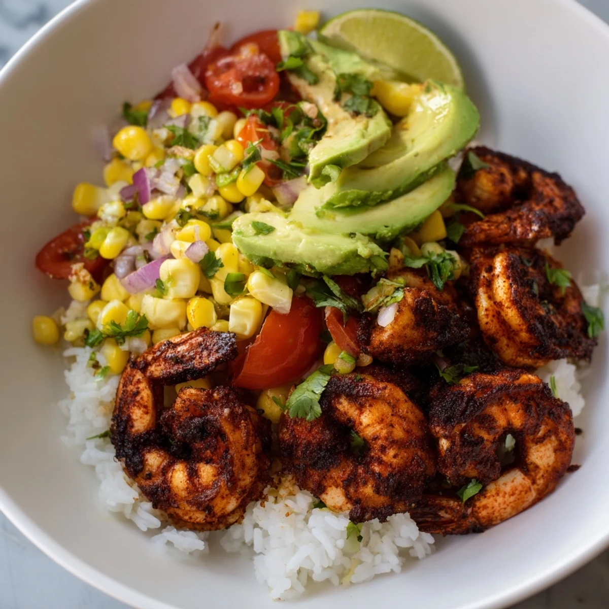 This easy, healthy blackened shrimp bowl features a vibrant avocado salsa topping for flavor.