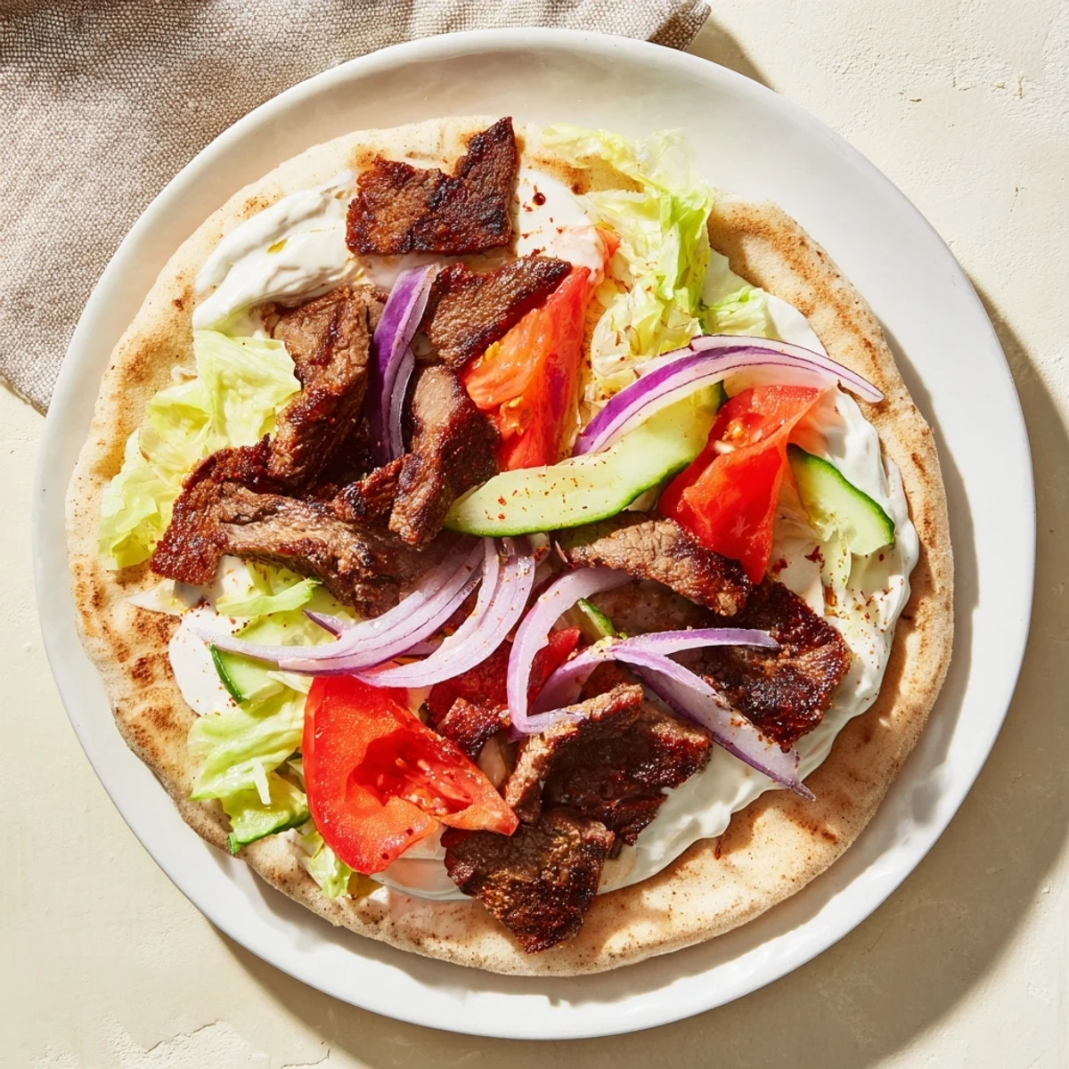 Juicy beef shawarma wraps, filled with vibrant veggies and drizzled with creamy yogurt sauce.
