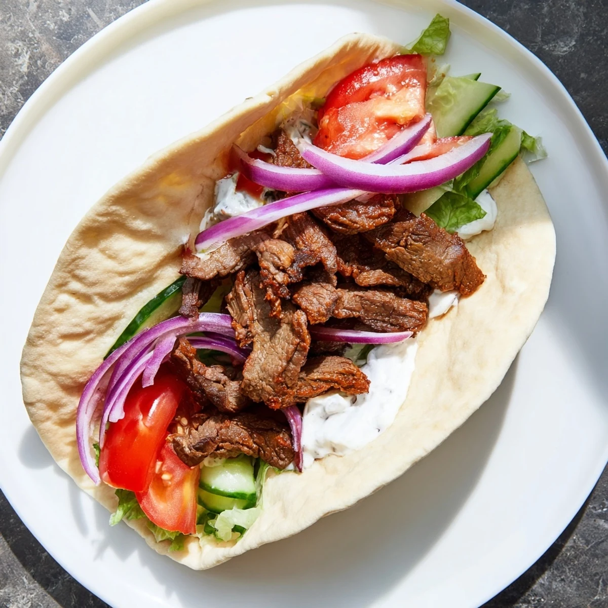 Close-up of fully-loaded beef shawarma wraps, revealing tender meat and harmonious, flavorful components.