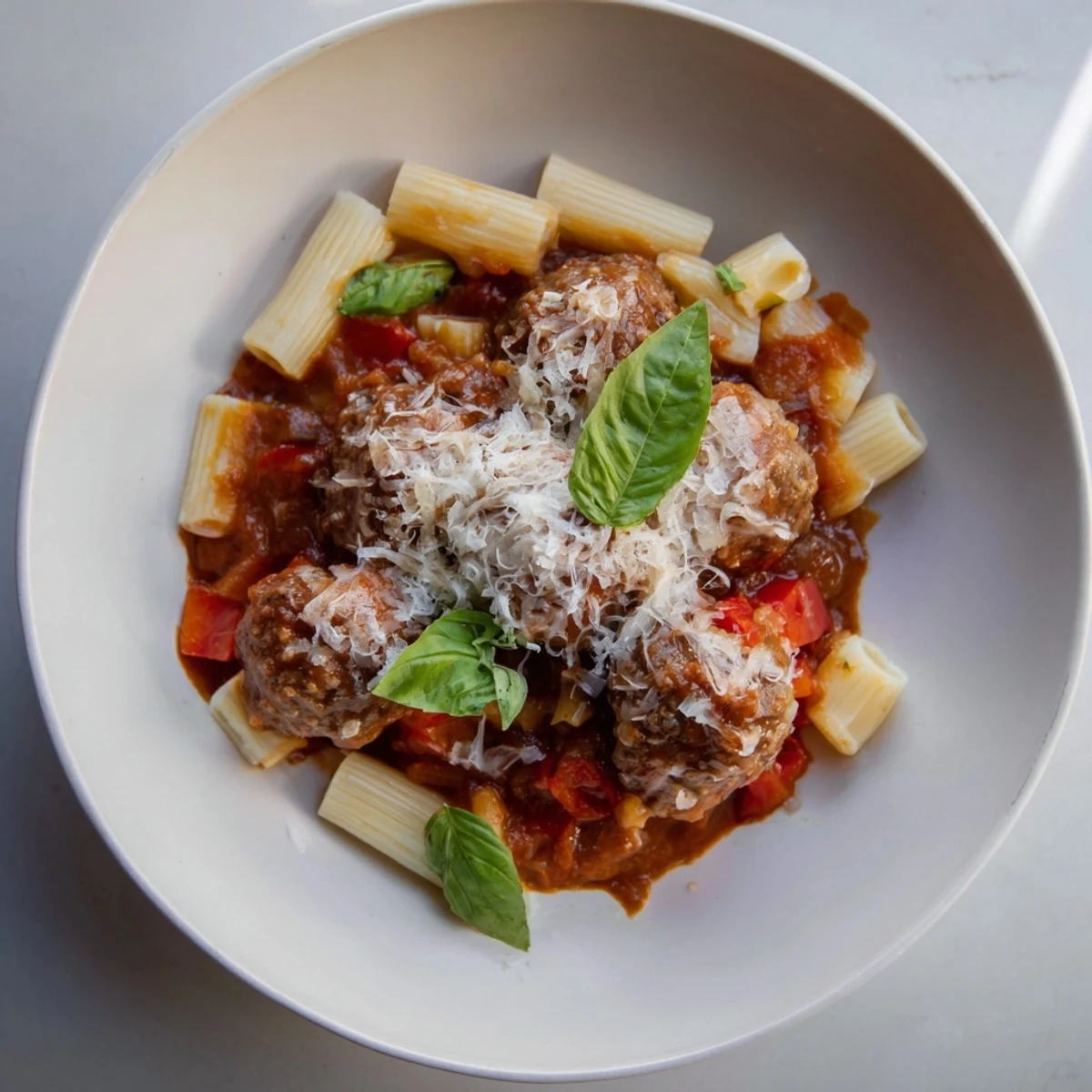 Italian Meatball Pasta Skillet bubbling with melted cheese, perfect for a cozy, family dinner.