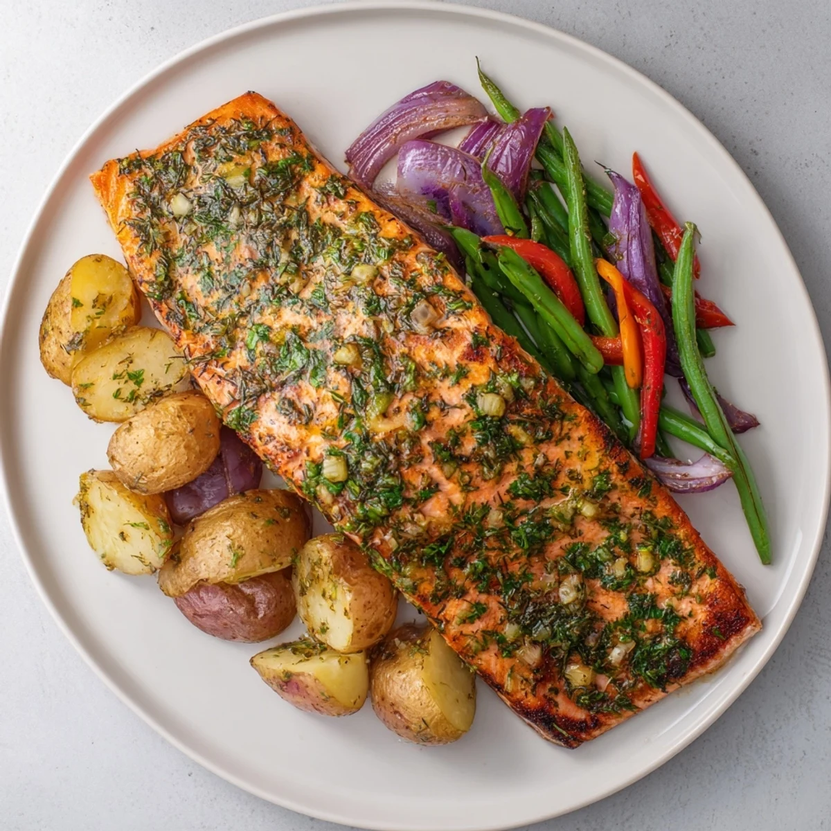Crispy roasted potatoes and perfectly cooked Lemon Herb Salmon rest on a sheet pan, ready to serve.