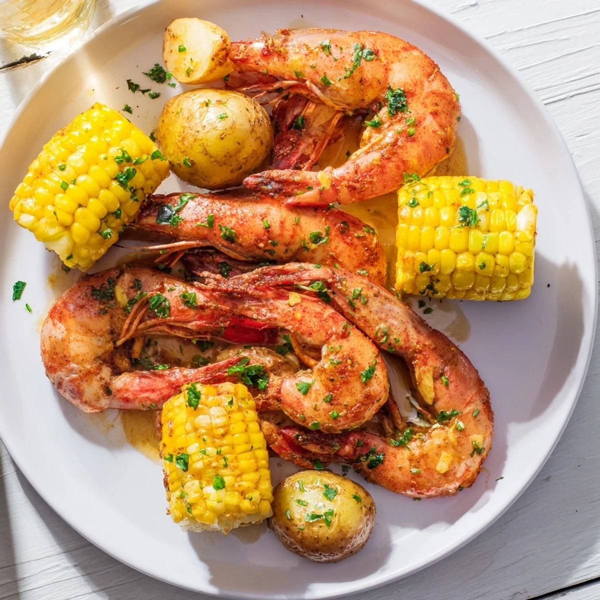 Cajun Shrimp & Sweet Corn Platter: Spicy shrimp, roasted corn, potatoes garnished with parsley, a flavorful meal.