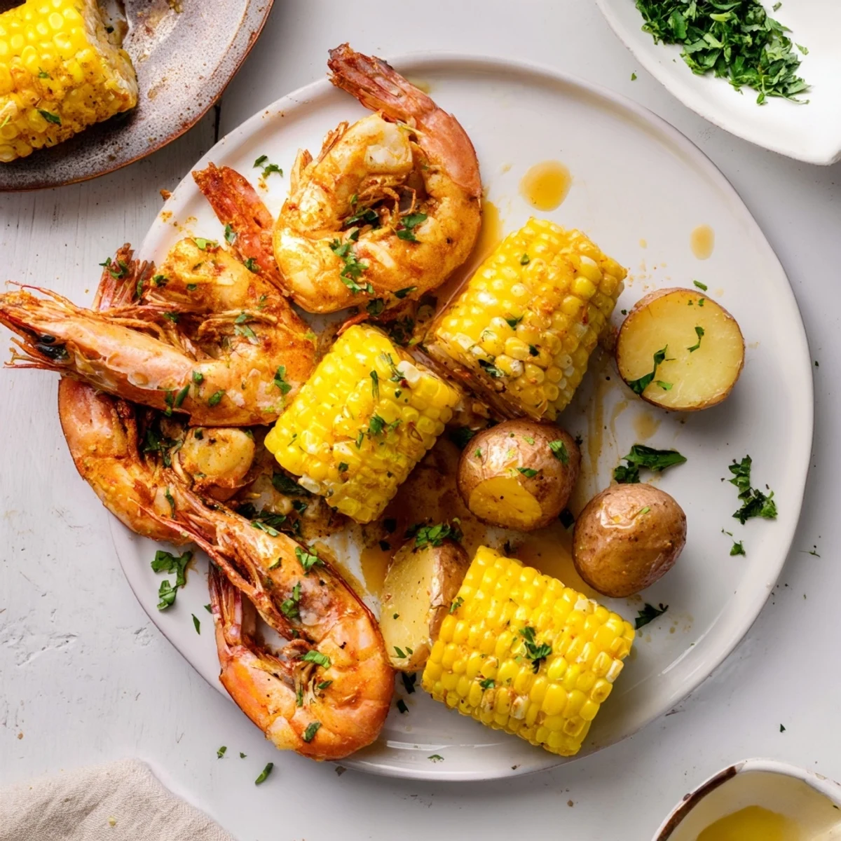 Sizzling Cajun Shrimp & Sweet Corn Platter, served with lemon wedges, perfect for summer entertaining.