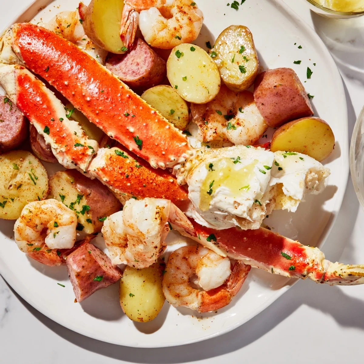 Savory seafood boil with crab, shrimp, and sausage, served with melted butter and lemon wedges.