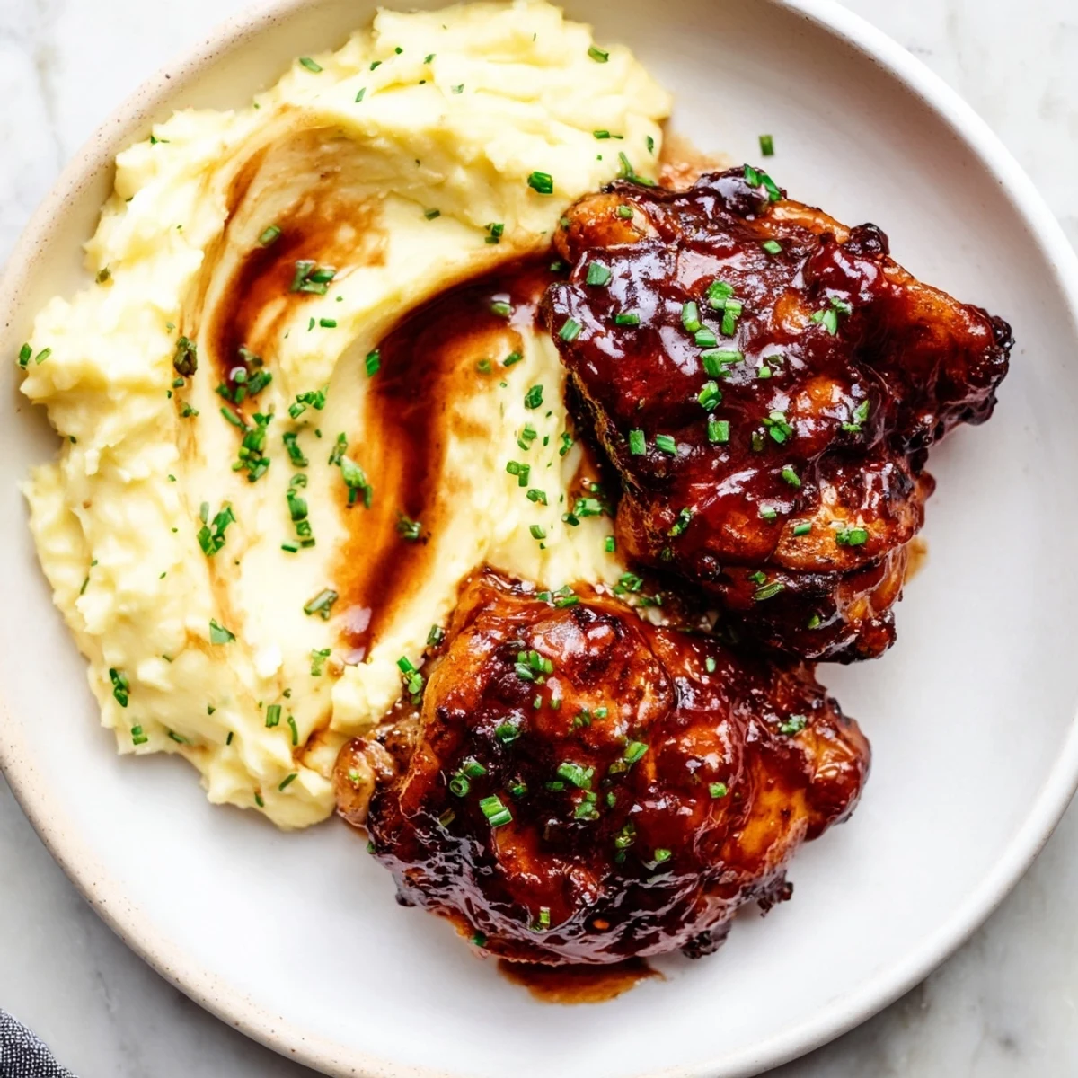 Golden, glistening honey BBQ chicken thighs alongside creamy garlic mashed potatoes, a hearty meal.