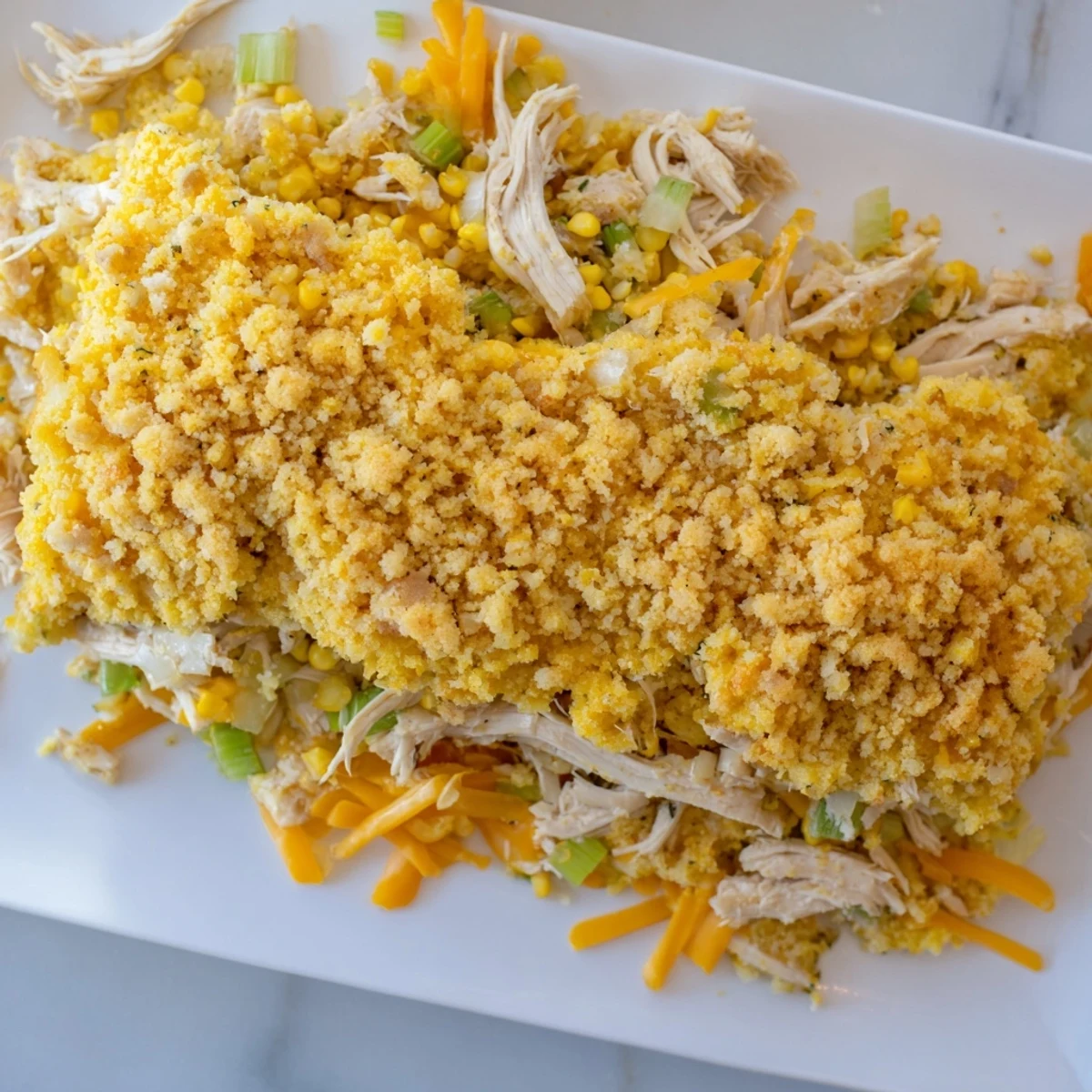 A bubbling 9x13 dish of Southern Cornbread Chicken Casserole, with a rich and savory chicken filling beneath.