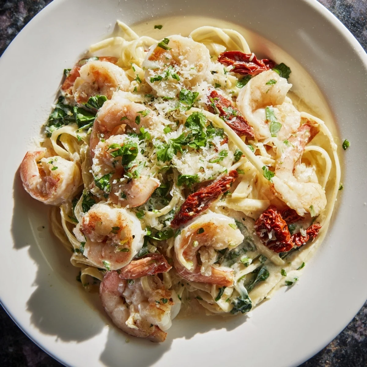 Creamy Tuscan Garlic Shrimp Pasta, a delicious Italian dinner with vibrant colors and rich flavors.