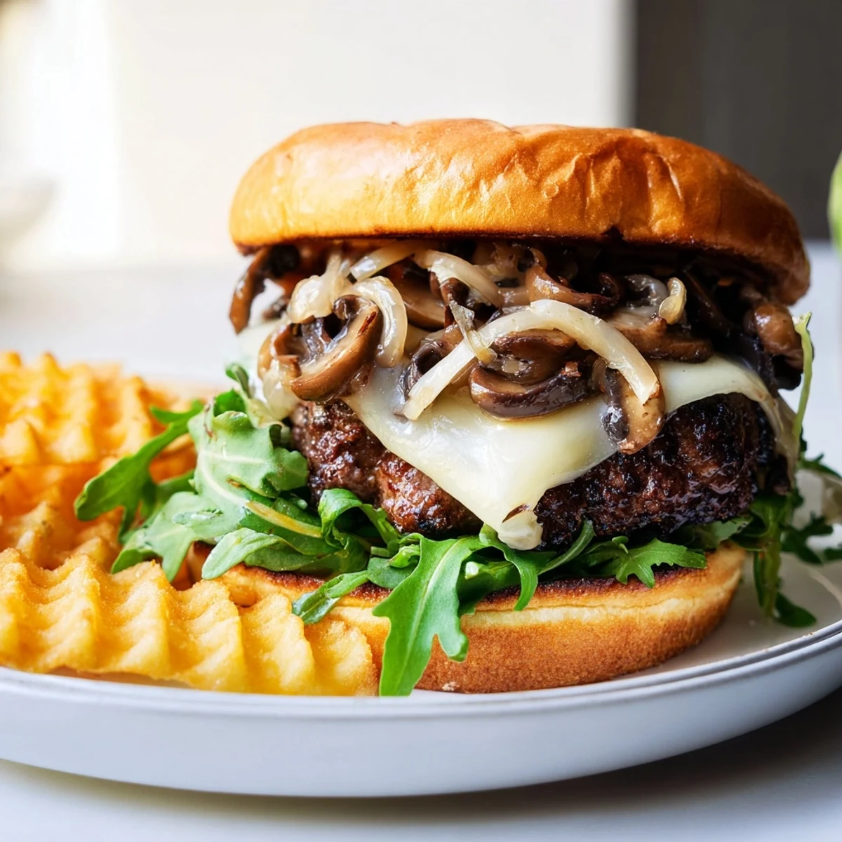 Juicy Mushroom Swiss Burger with melted cheese, served beside crispy golden waffle fries.