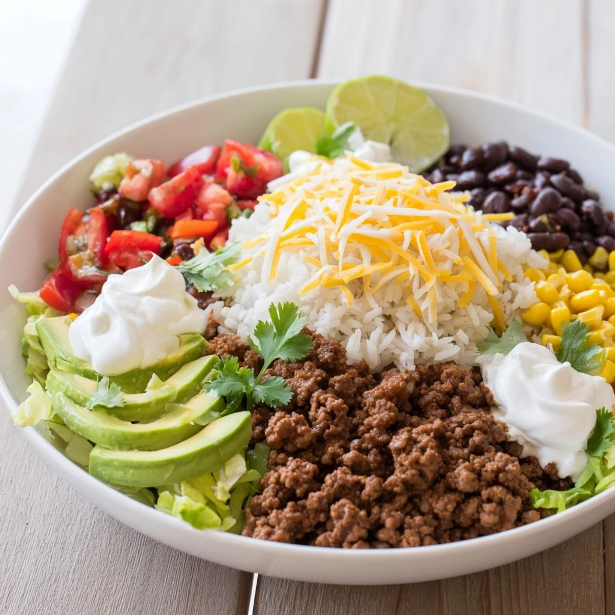Loaded Beef Burrito Bowl, a colorful dish with seasoned beef, rice, and fresh toppings.