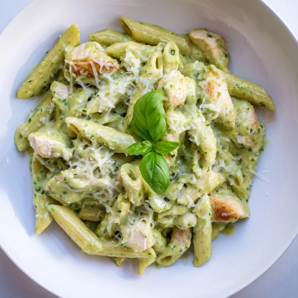 Tender chicken and penne pasta swimming in a rich, creamy pesto sauce.