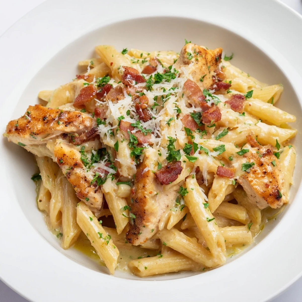 Delicious, steaming Ranch Chicken & Bacon Penne, ready to be served for a comforting supper.