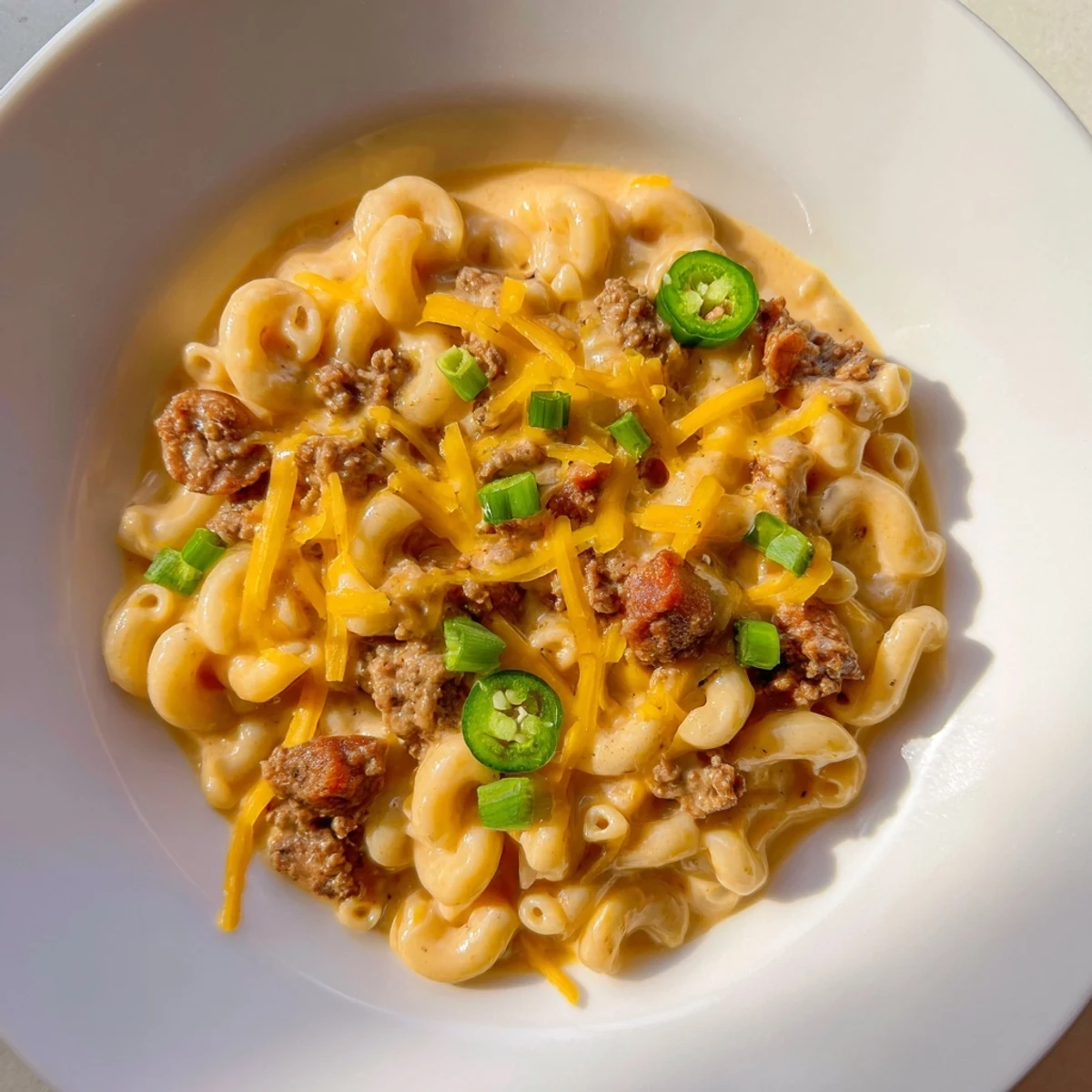A satisfying view of a bubbling, baked Chili Cheese Dog Mac & Cheese, full of savory flavors.