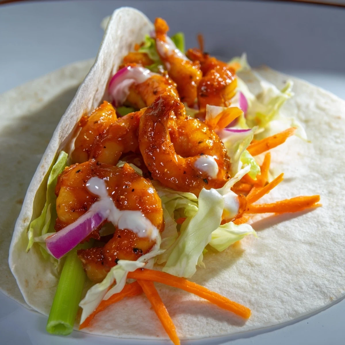 Crispy lettuce and flavorful buffalo shrimp wrapped inside warm tortillas for perfect wraps.