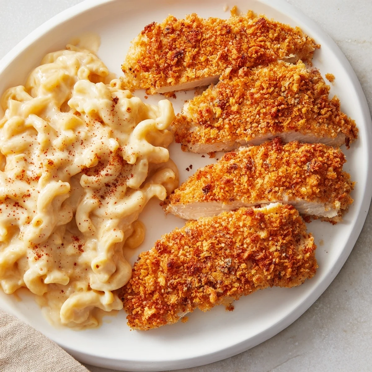 Perfectly fried chicken tenders with a side of rich, cheesy macaroni with appealing textures.
