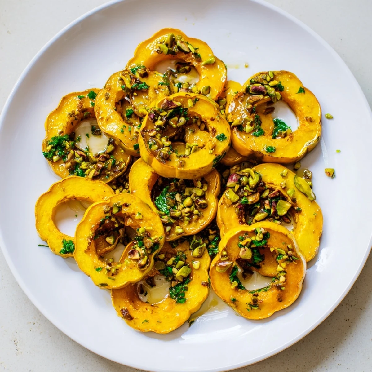 A plate of baked delicata squash rings with a sweet and savory presentation, ready to serve.