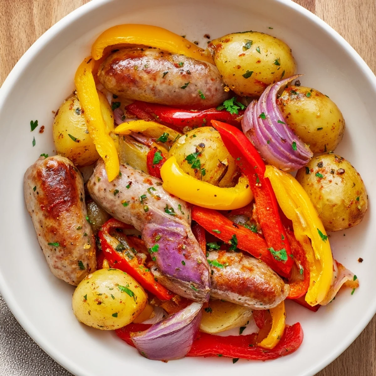Sizzling Sheet-Pan Sausage with Peppers, Onions, and Potatoes, featuring vibrant roasted vegetables and juicy sausage.