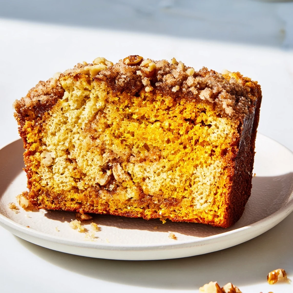 Warm, spiced pumpkin bread in a mug, perfect for cozy fall afternoons; imagine its aroma.