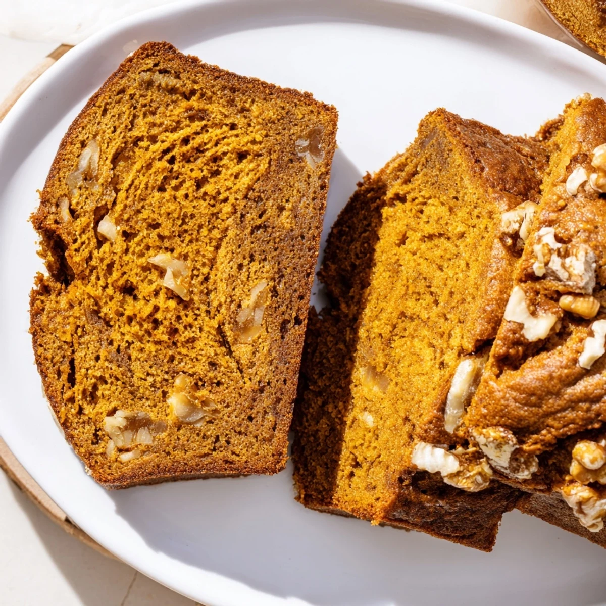 Close-up of a fluffy pumpkin bread easily baked; sweet, inviting and ready to eat.