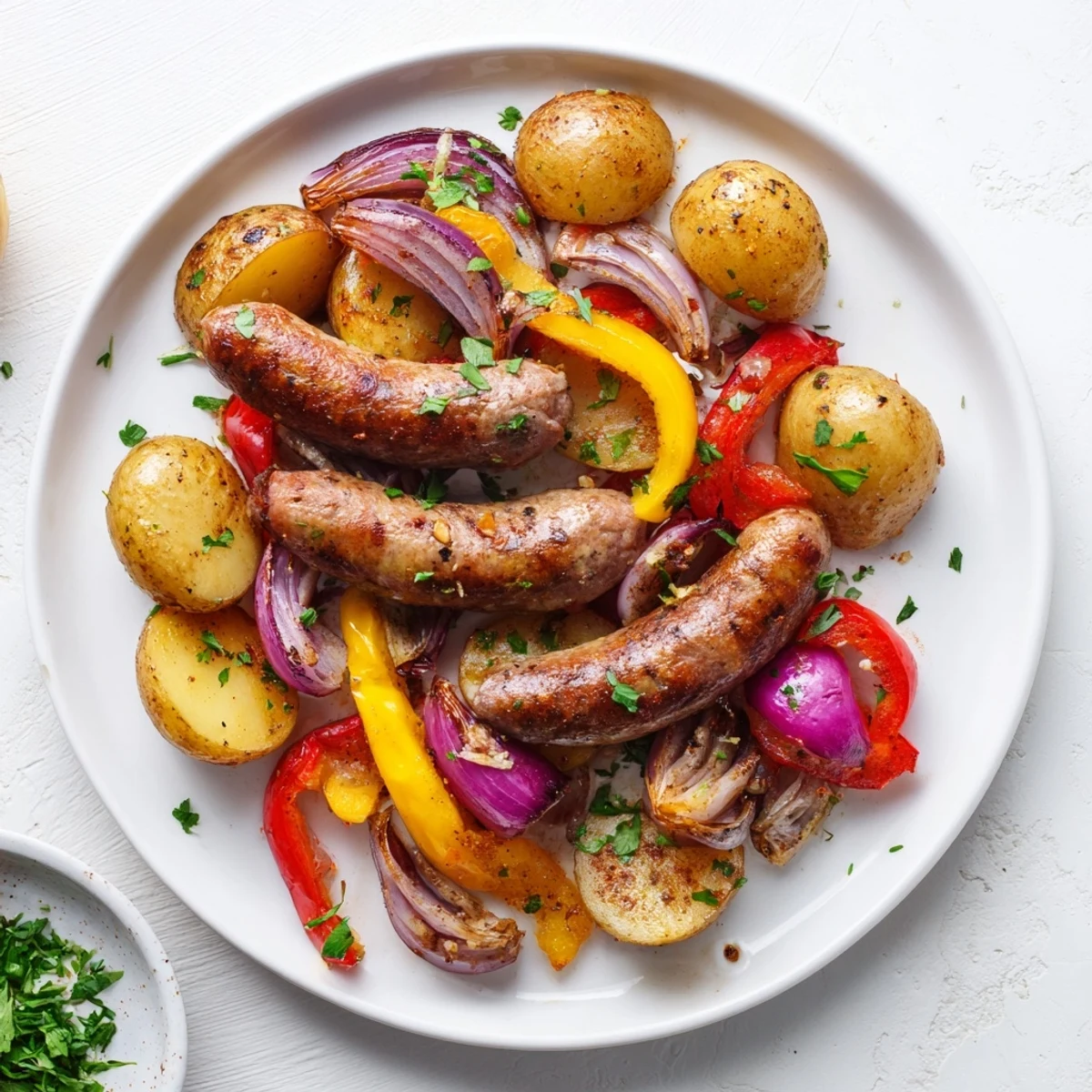 Golden roasted Sheet-Pan Sausage with Peppers, Onions, and Potatoes, ready to serve with lemon.