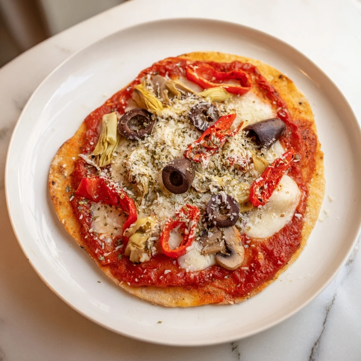 Crispy tortilla pizza, a fast and easy meal with melted cheese and fresh pantry toppings.