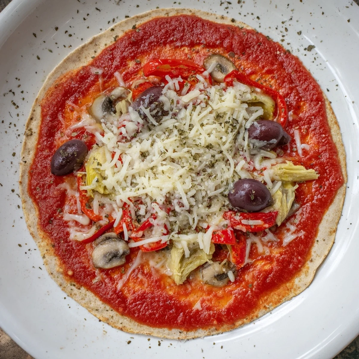 Homemade tortilla pizza, featuring a delicious assortment of pantry ingredients, perfect for a quick dinner.