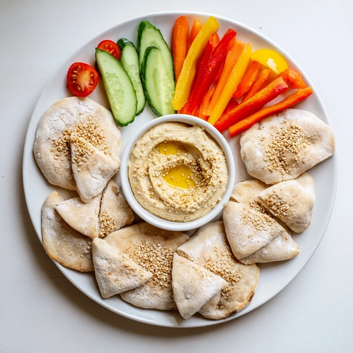 A colorful platter of fresh DIY hummus, warm pita bread, and crunchy veggie sticks.