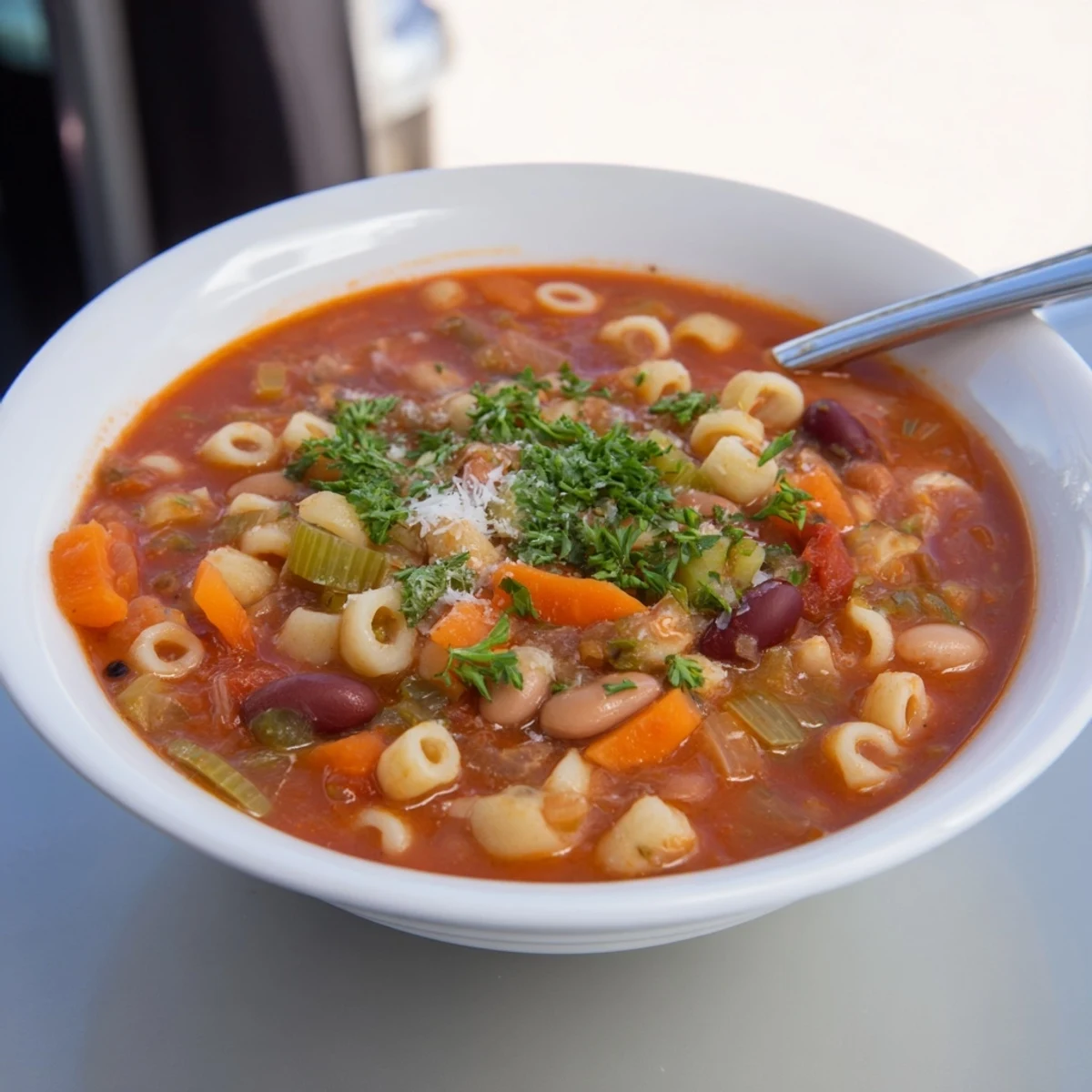 Hearty Pasta e Fagioli Soup, a vibrant Italian soup, perfect for a warming supper on a cold night.
