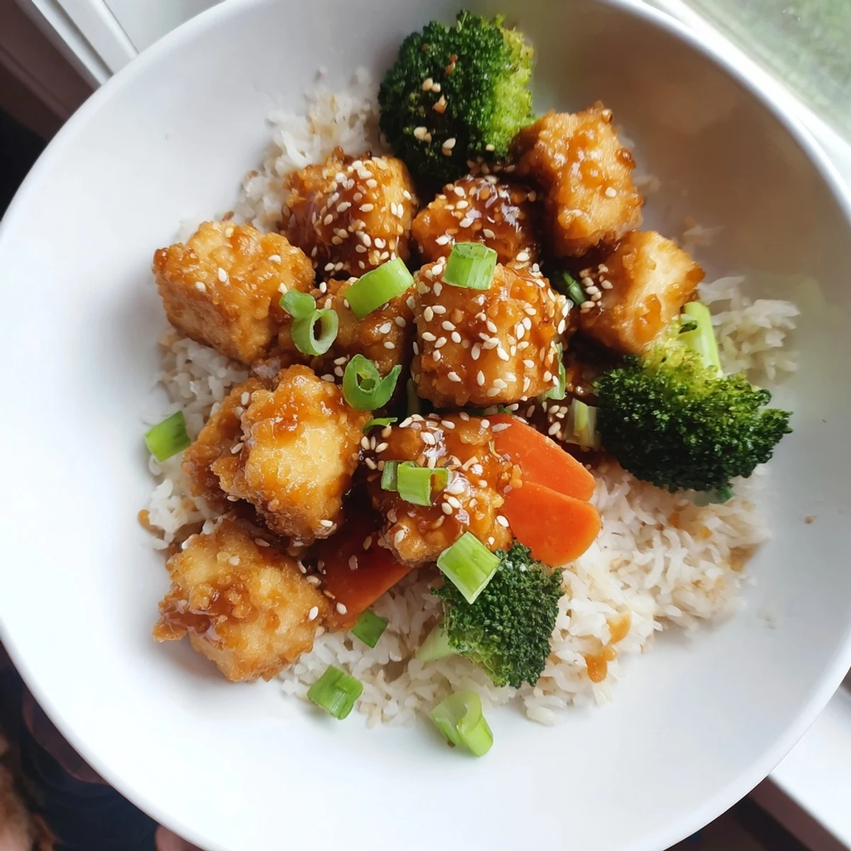 Crispy sesame tofu and tender broccoli mingle in a savory sauce, ready with steamed rice.