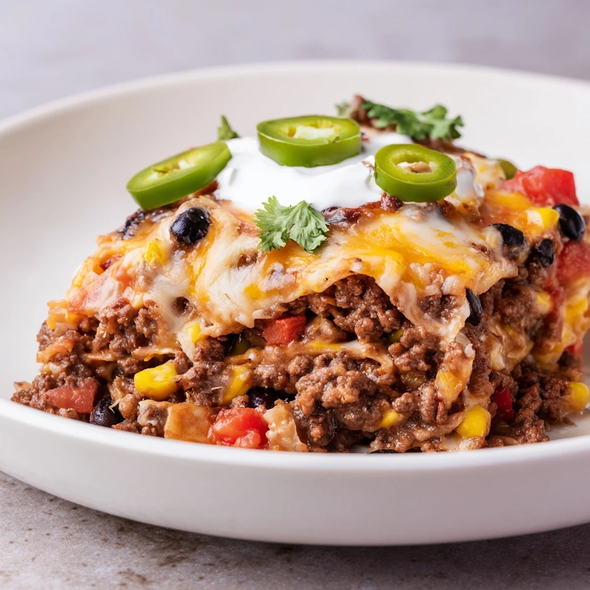 A cheesy, layered Taco Lasagna with a bubbling golden top, ready to serve!