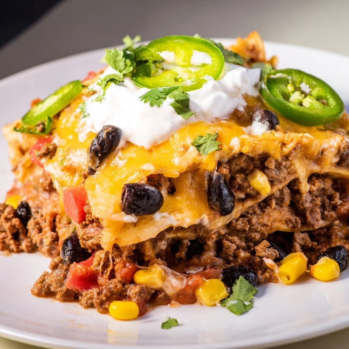This delicious Taco Lasagna has melted cheese and hearty ground beef within each layer.