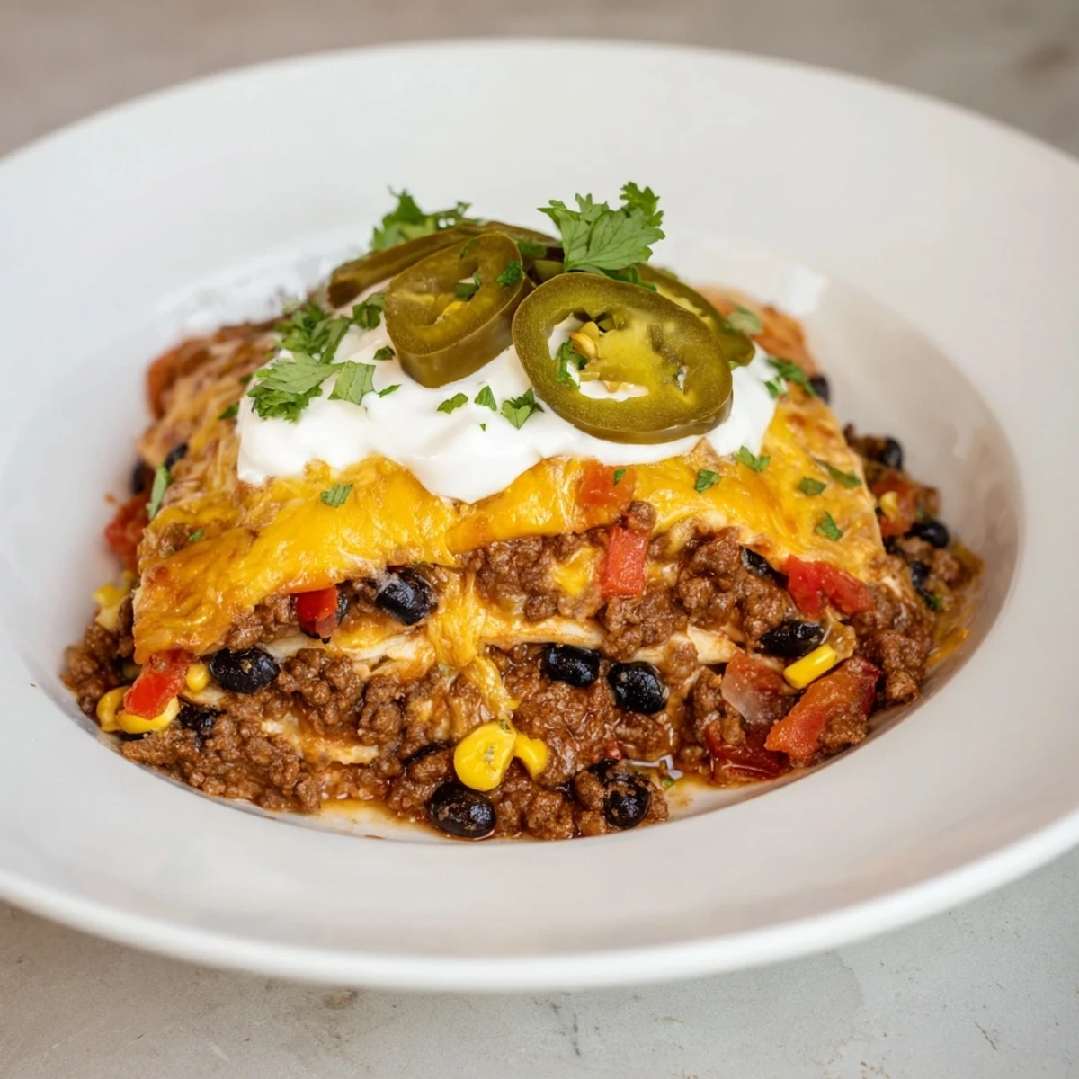 Savor the flavors of this Taco Lasagna, a Tex-Mex fusion baked to perfection and bubbly.