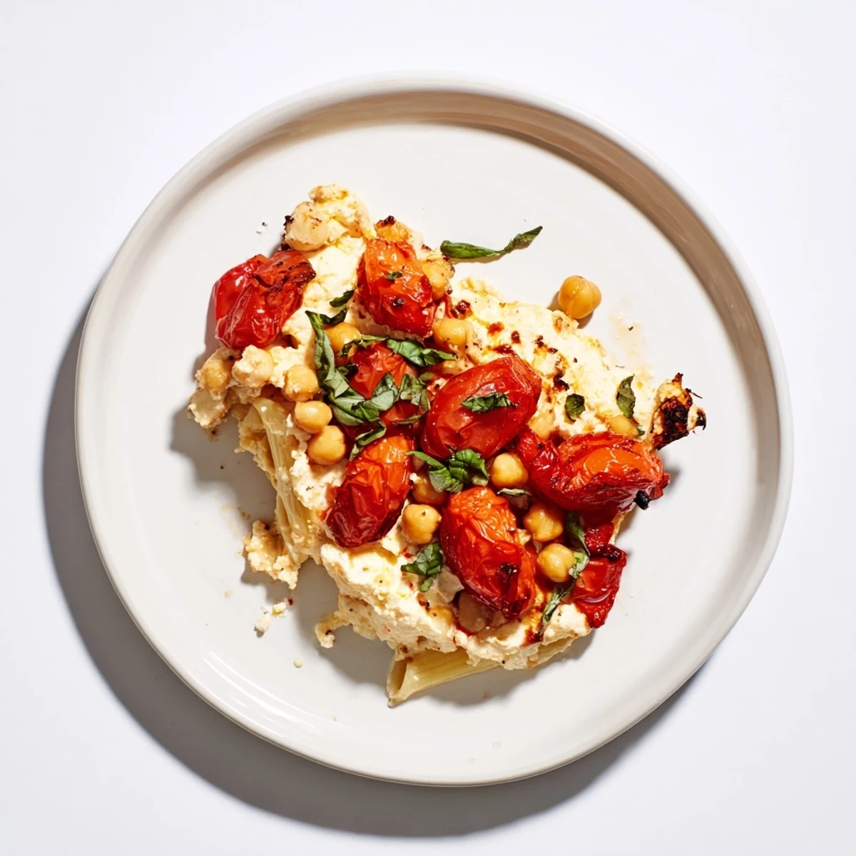 Creamy baked feta with bursting tomatoes and chickpeas, ready to be served over rice or pasta.