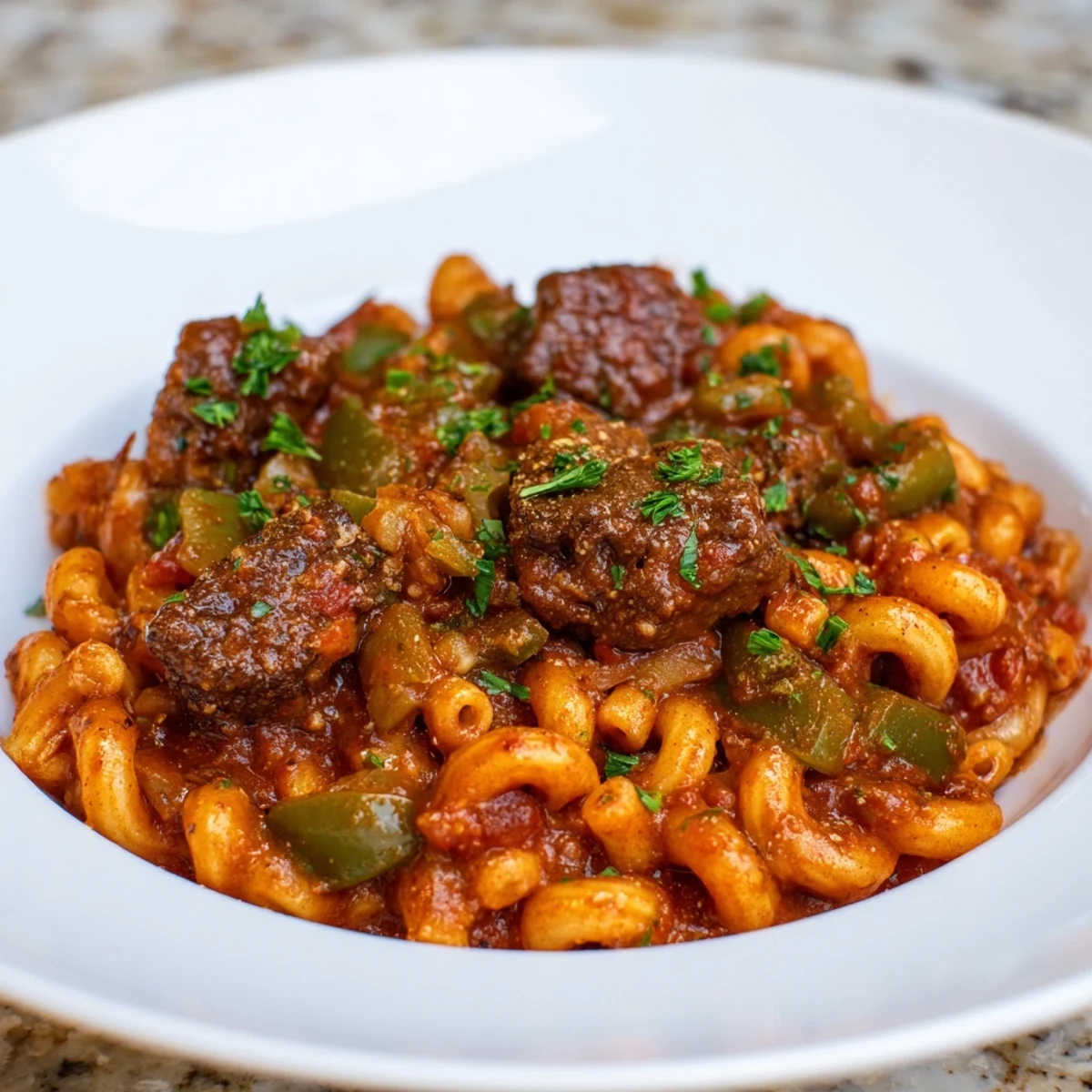 Close-up of a flavorful goulash, featuring tender beef, vegetables, and pasta; ready to eat.