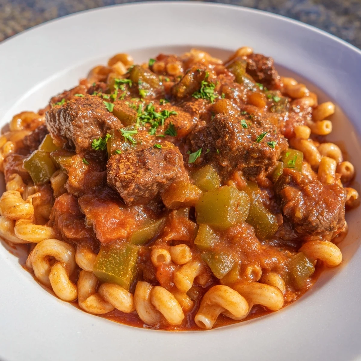 Steaming bowl of goulash with beef and pasta, garnished with fresh parsley, looks hearty and delicious.