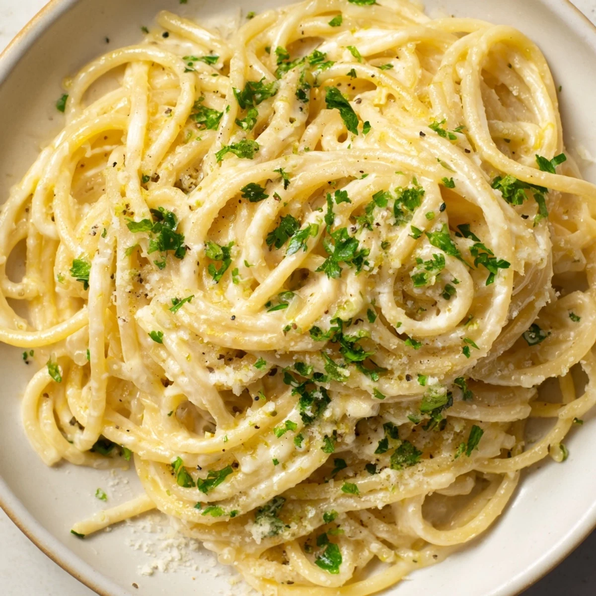 Golden strands of Creamy Three-Cheese Spaghetti coated in a rich, velvety cheese sauce, perfect comfort food.