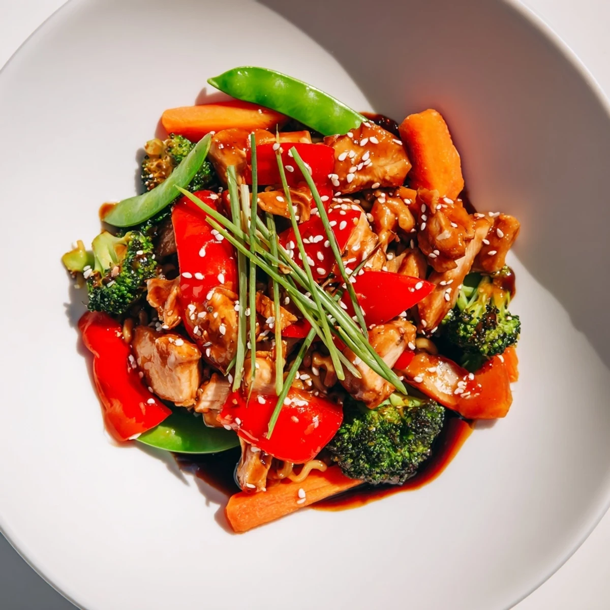 Golden-brown Sheet-Pan Crispy Ramen with chicken and colorful roasted vegetables, a delicious one-pan meal.