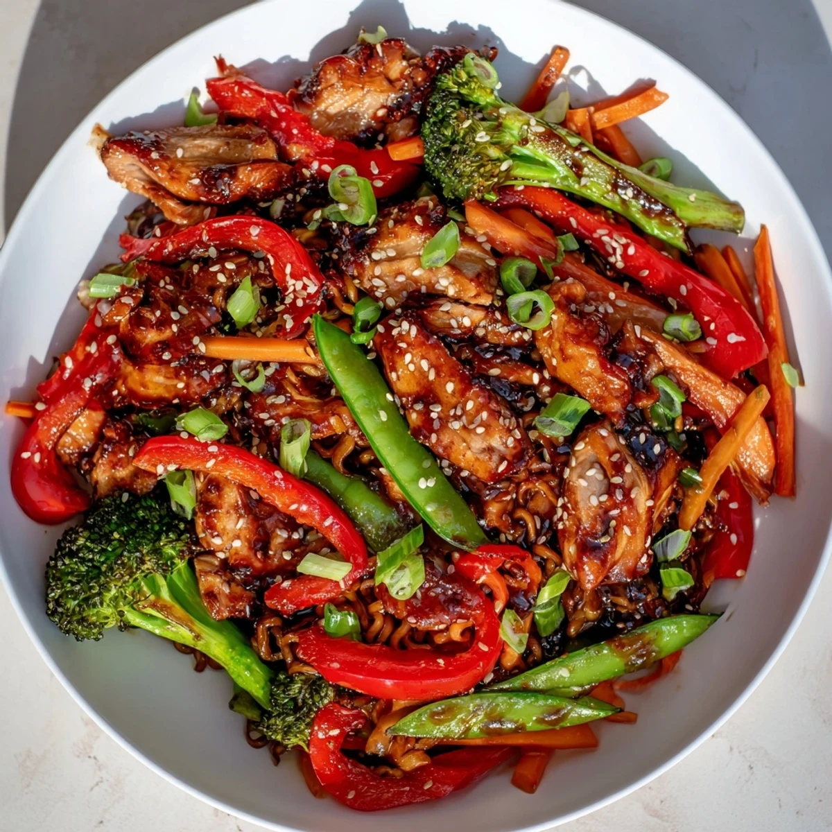 Close-up of Sheet-Pan Crispy Ramen, showing perfectly crisped noodles, tender chicken and glazed veggies.