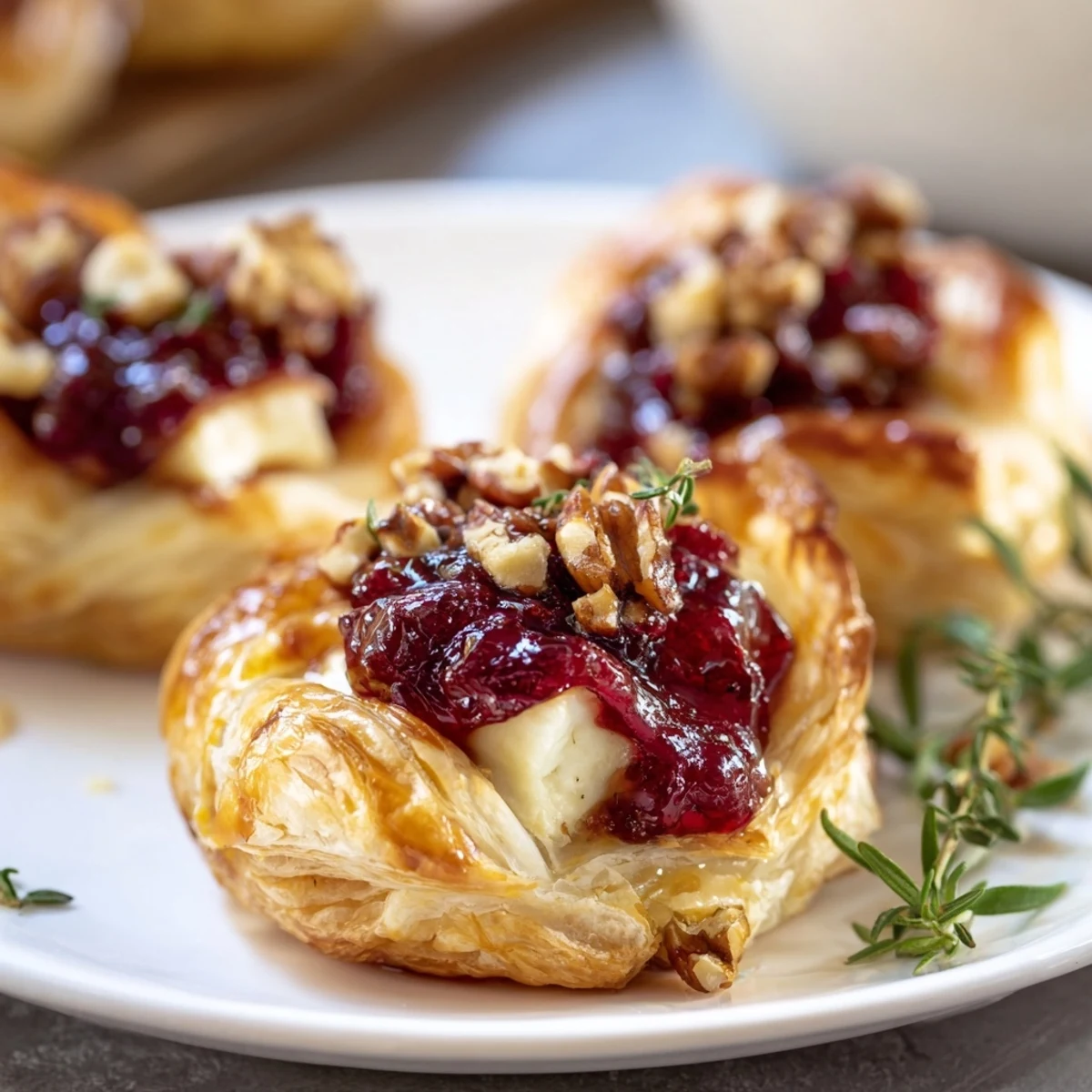 Golden, bubbly Quick Cranberry Brie Bites with creamy Brie and cranberry filling, ready to eat.