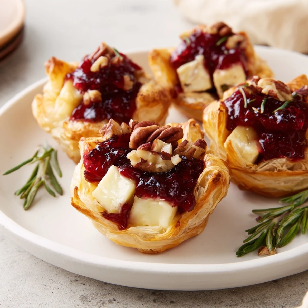 Close-up shot shows a tray of delicious Quick Cranberry Brie Bites, perfect for holiday party appetizers.