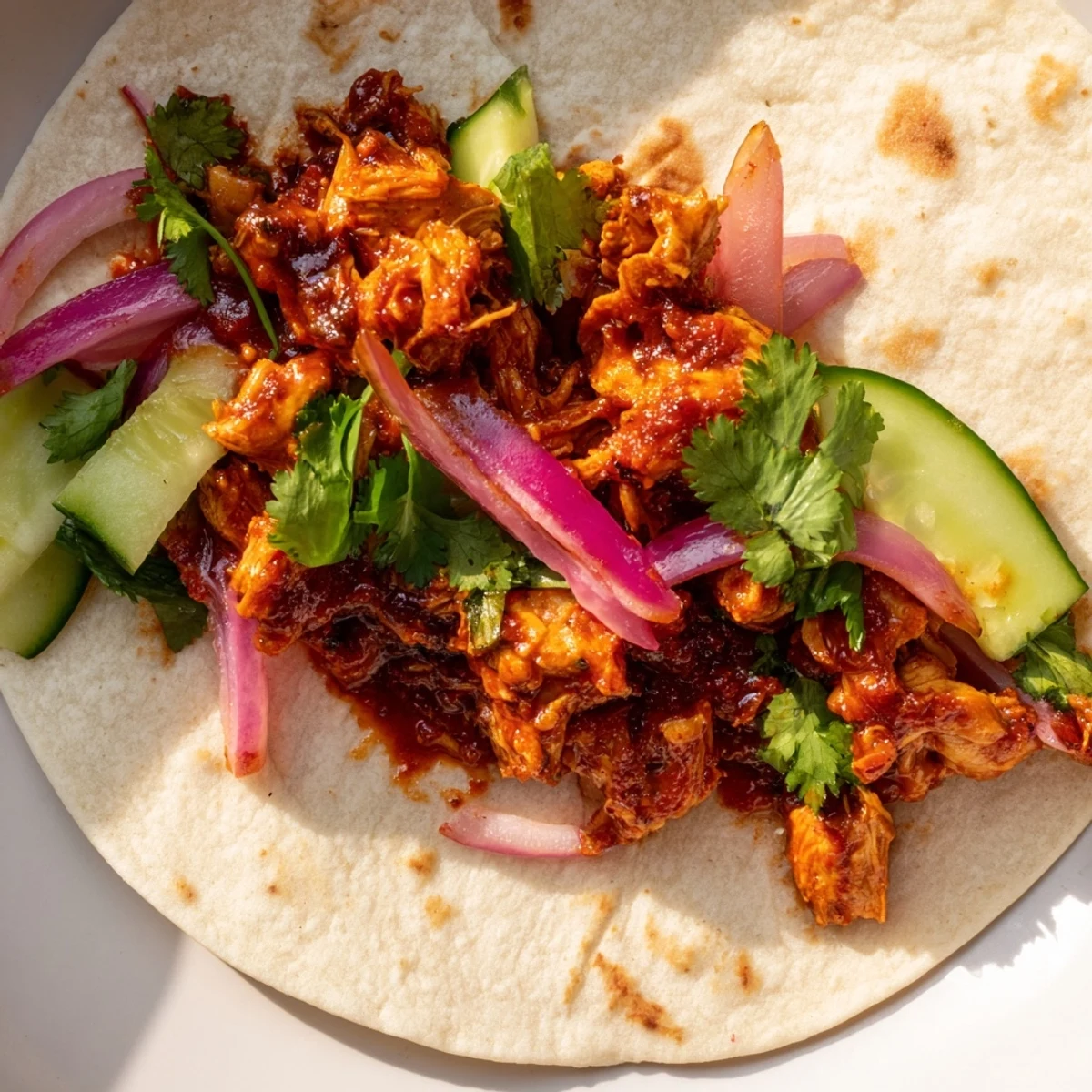 Warm and delicious sticky chicken tikka masala tacos served with fresh cilantro and lime wedges.