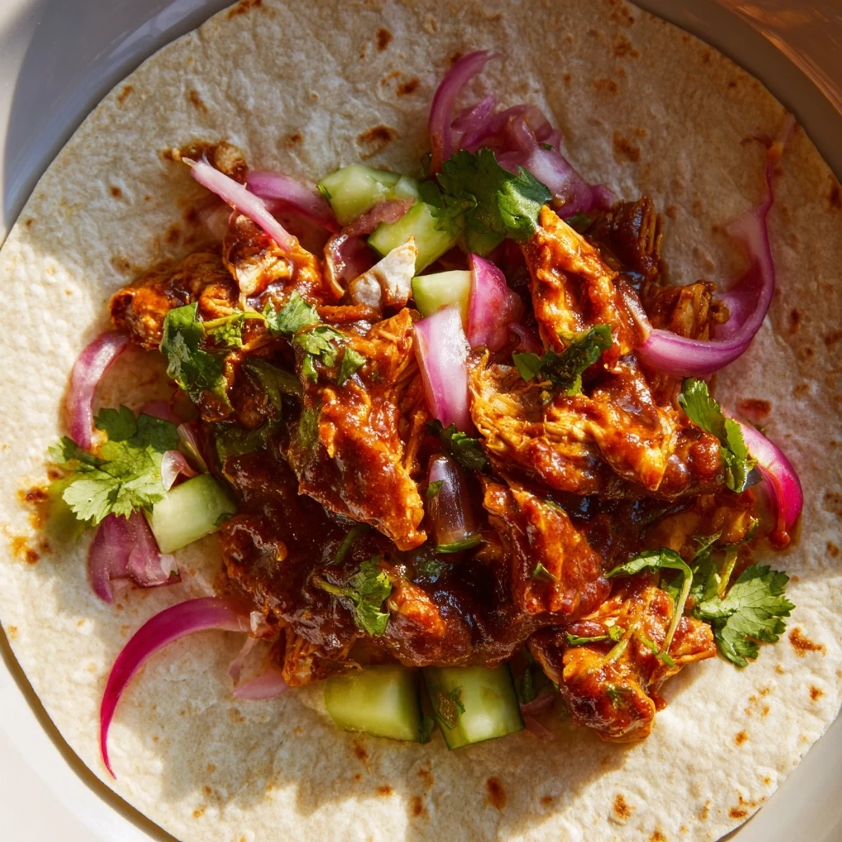 A close-up of slow-cooked chicken tikka masala tacos, with a vibrant, flavorful glaze drizzled on top.