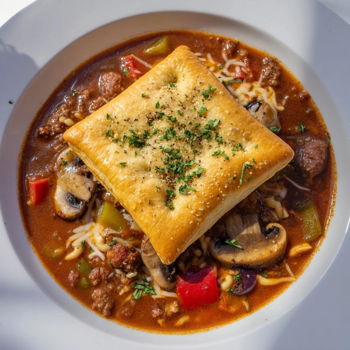 Pizza Pot Pie Soup bubbling hot, cheesy, and topped with golden, baked pizza dough or biscuits.