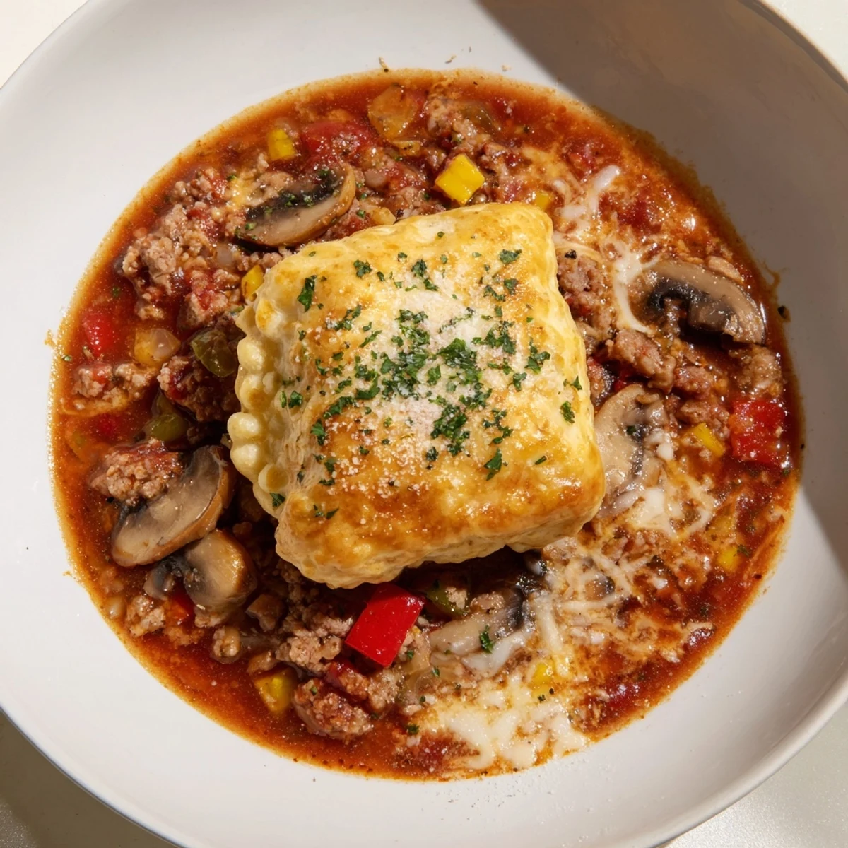 This comforting Pizza Pot Pie Soup mashup features melted cheese and hearty, savory ingredients.