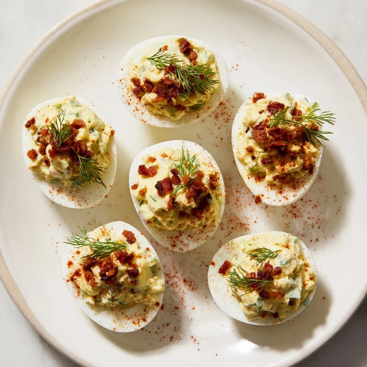 Fresh, flavorful Loaded Deviled Eggs with crispy bacon, paprika, and herbs, perfect for your next gathering.